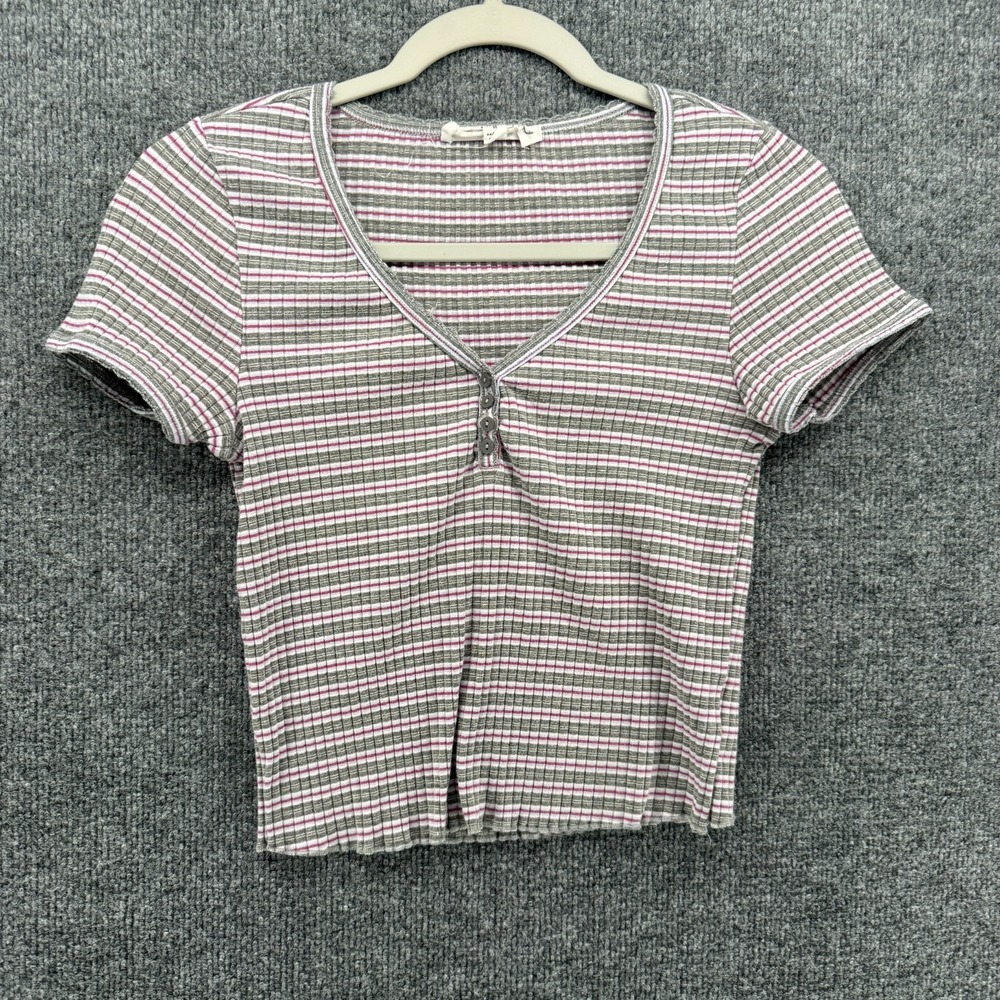 Y2K Top Womens M Gray Ribbed Striped Baby Tee V-Neck Fitted Retro‎ 90s Casual